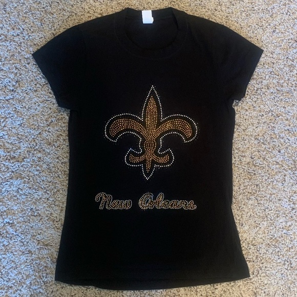 New Orleans Saints Embellished Shirt Girls L = Women’s XS Black with Bling - Picture 5 of 5